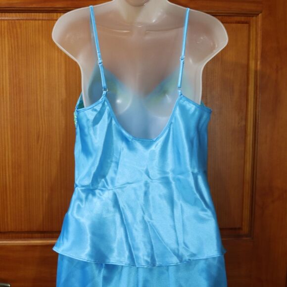 Morgan Taylor Blue Lime Green Satin Pajama Short Set Vintage 90s Medium - Picture 10 of 12